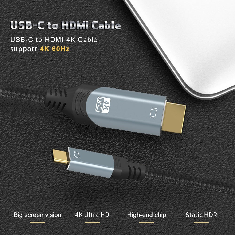 NÖRDIC 2 m USBC HDMI 4K 60 Hz nailonpunottu kaapeli, Space Grey, tuki HDCP1.4:lle ja 2.2:lle, puhdasta kuparia 99,99 %