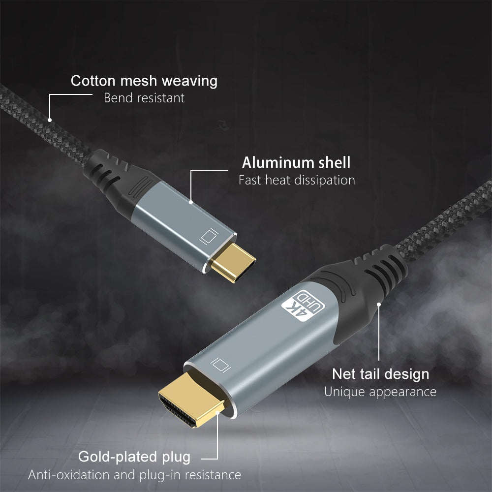 NÖRDIC 2 m USBC HDMI 4K 60 Hz nailonpunottu kaapeli, Space Grey, tuki HDCP1.4:lle ja 2.2:lle, puhdasta kuparia 99,99 %