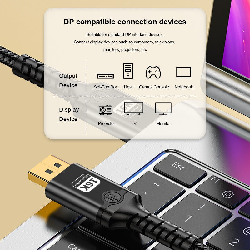 NÖRDIC 2 m nailonpunottu DisplayPort 2.1 kaapeli DP80 UHBR20 80Gbps 16K/10K/8K@60Hz 4K@240/165/144Hz DSC 1.2a HDR HDCP 2.2 FreeSync G-Sync