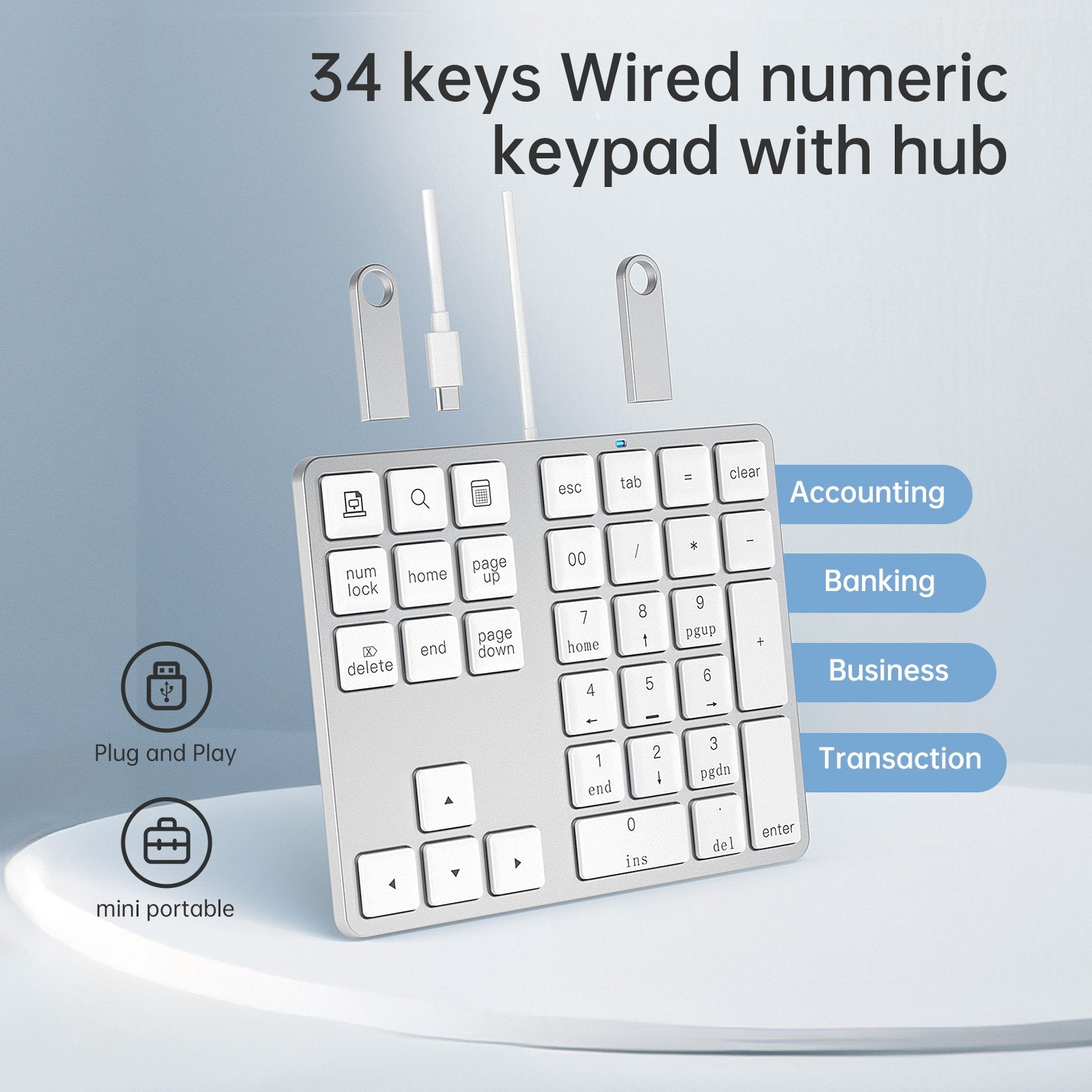 NÖRDIC USB-C Langallinen numeronäppäimistö, 34 näppäintä, 2×USB-A + 1×USB-C lataukseen