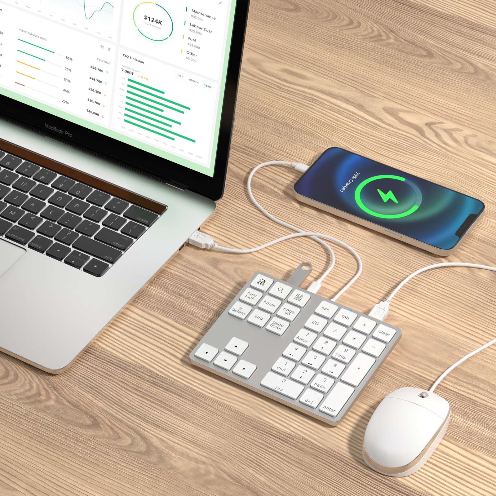 NÖRDIC USB-C Langallinen numeronäppäimistö, 34 näppäintä, 2×USB-A + 1×USB-C lataukseen