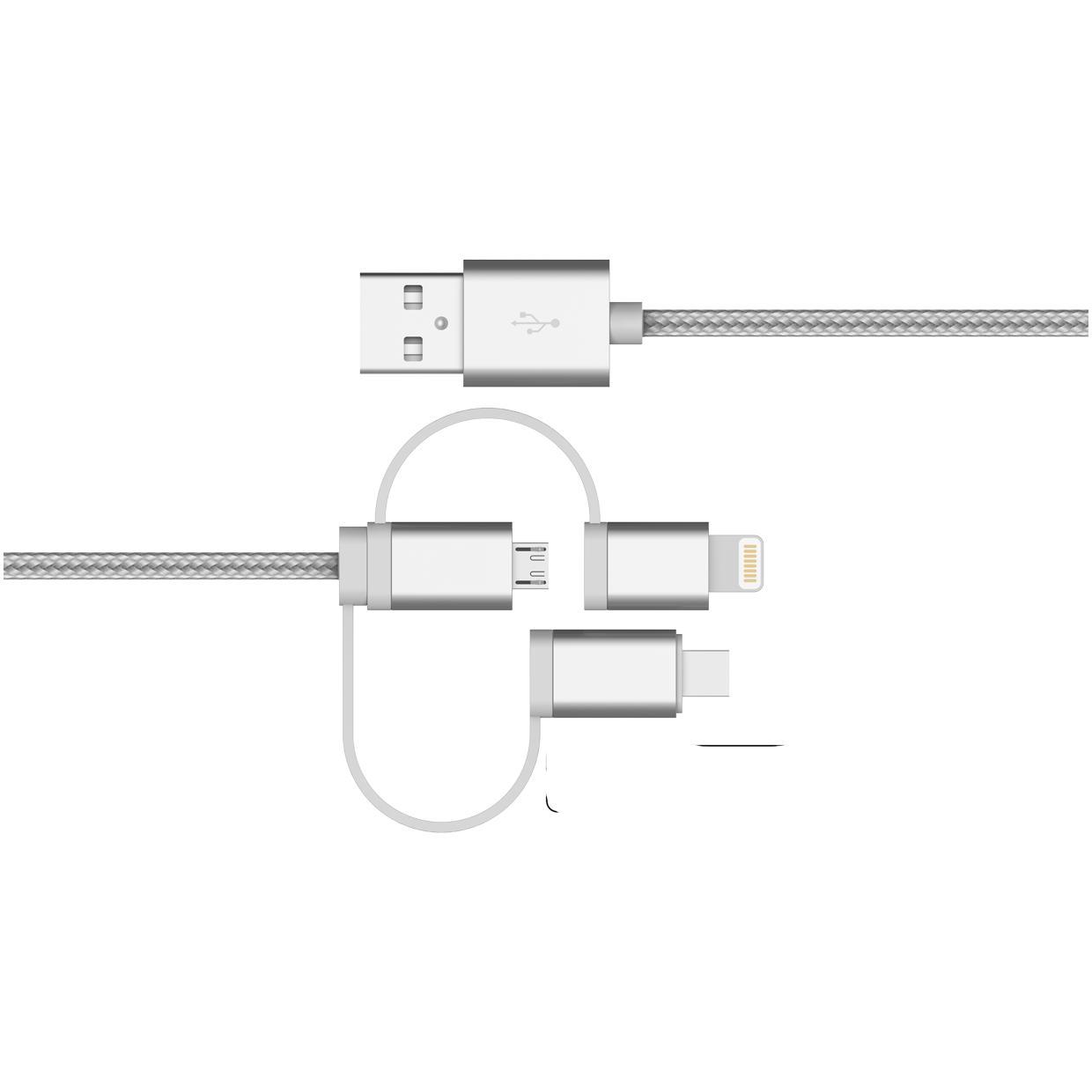 NÖRDIC 3 in 1 Latauskaapeli USB A - 1 x Non MFI Lightning, 1 x USB C ja 1 x Micro USB, Space harmaa 1 m