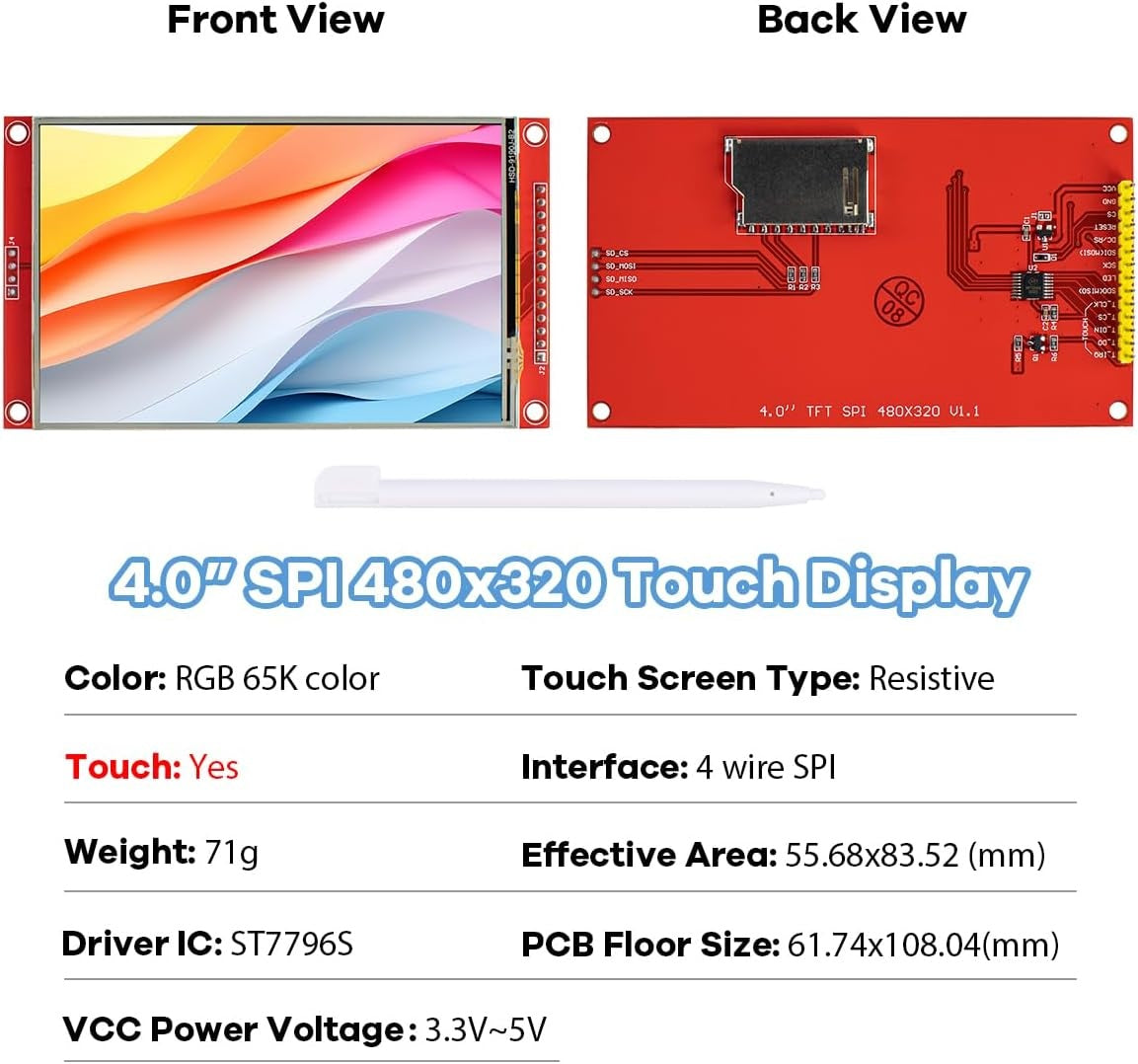 NÖRDIC 4.0 Inch TFT LCD Touch Display Shield Module 480 x 320 SPI Serial ST7796S with Touch Pen Compatible with Arduino