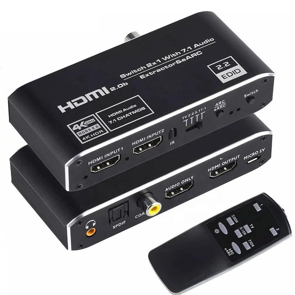 NÖRDIC 4K 60 Hz HDMI-kytkin 2 to 1 äänipoistolla Toslink HDR HDCP2:3 ARC/eARC 7.1 audio