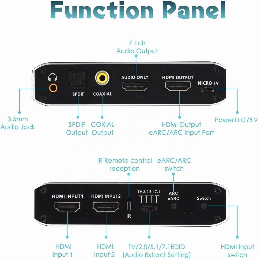 NÖRDIC 4K 60 Hz HDMI-kytkin 2 to 1 äänipoistolla Toslink HDR HDCP2:3 ARC/eARC 7.1 audio