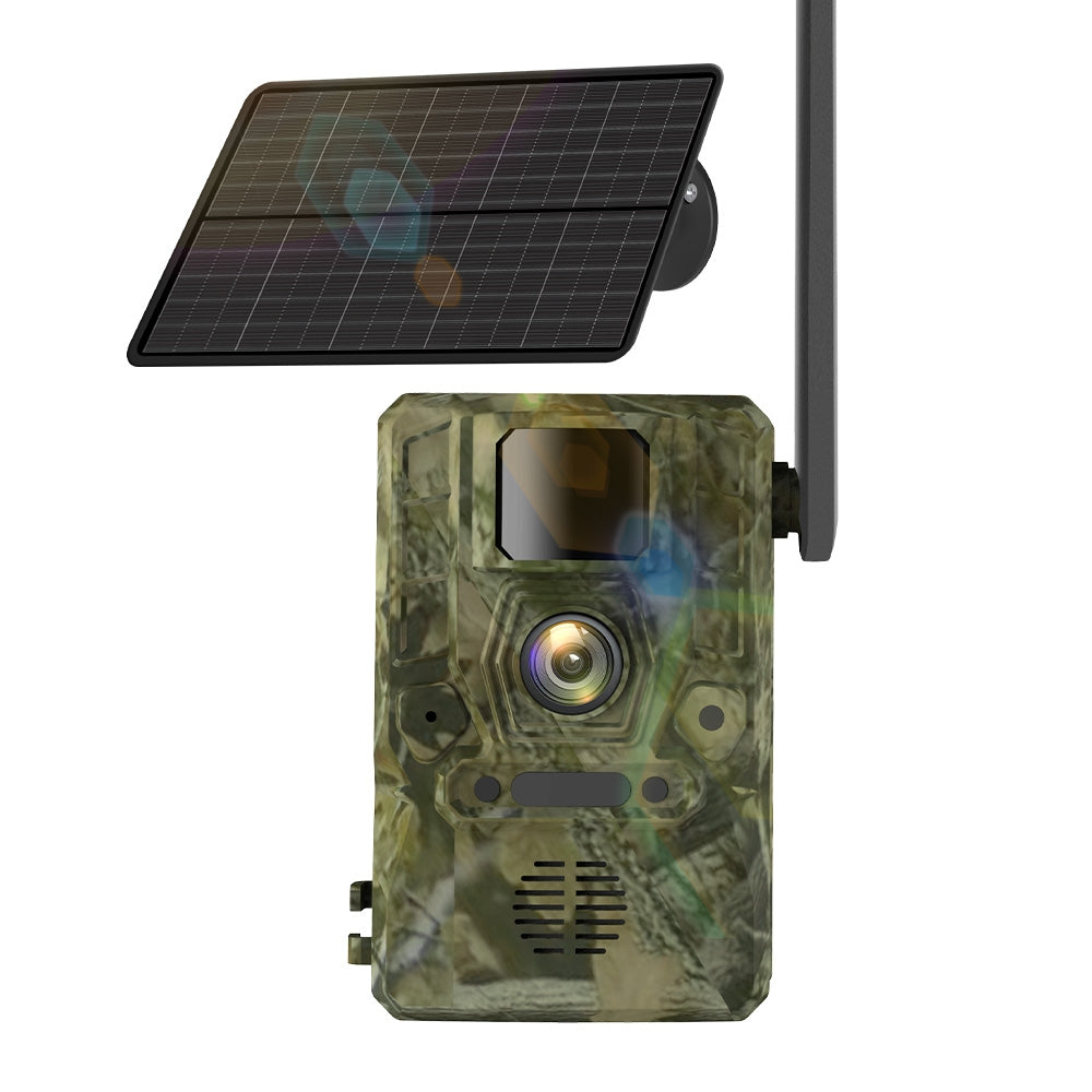 NÖRDIC 4G riistakamera 4W aurinkopaneelilla, 3MP FHD, naamiointi, LTE 4G SIM-kortilla ja IP66-vesisuojauksella