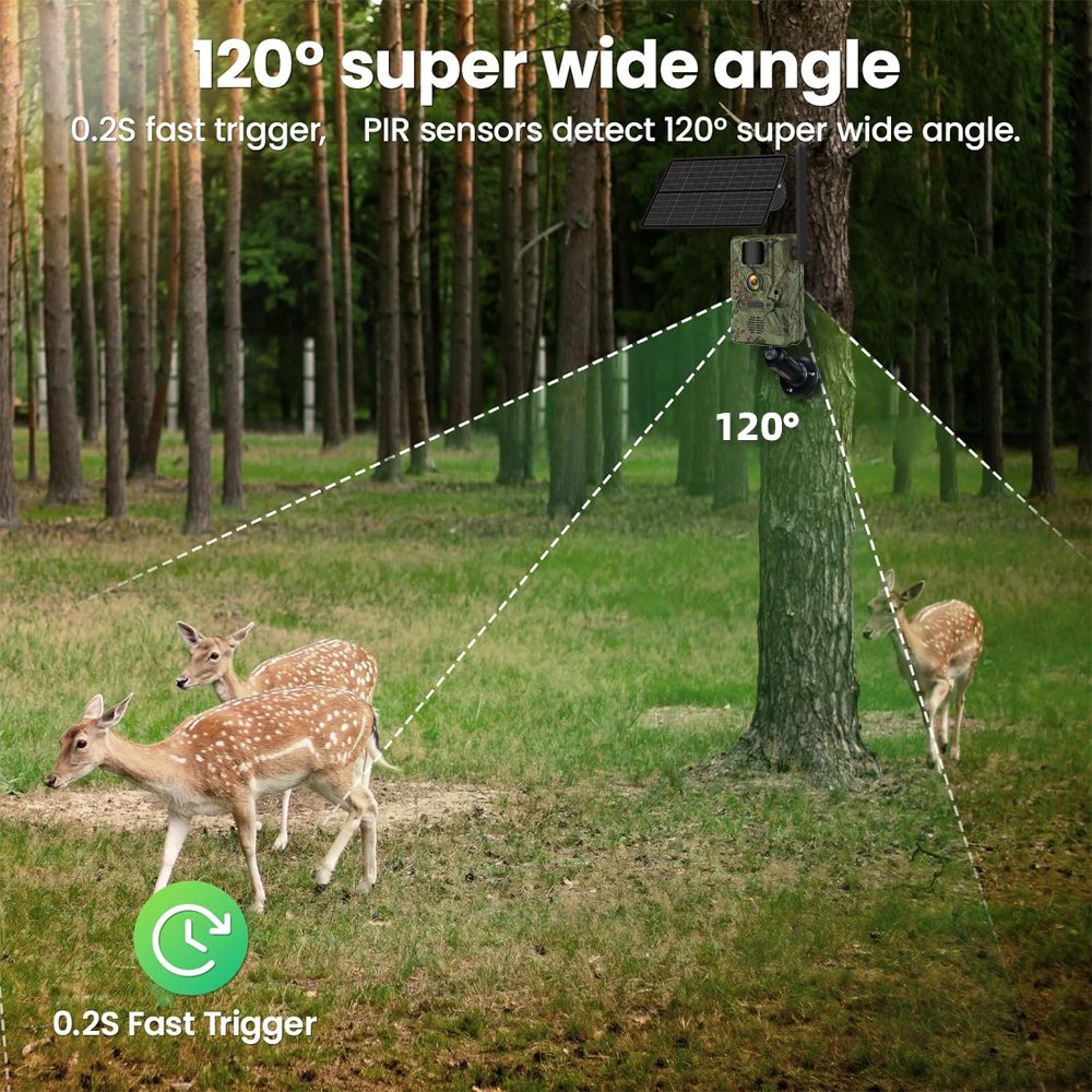 NÖRDIC 4G riistakamera 4W aurinkopaneelilla, 3MP FHD, naamiointi, LTE 4G SIM-kortilla ja IP66-vesisuojauksella