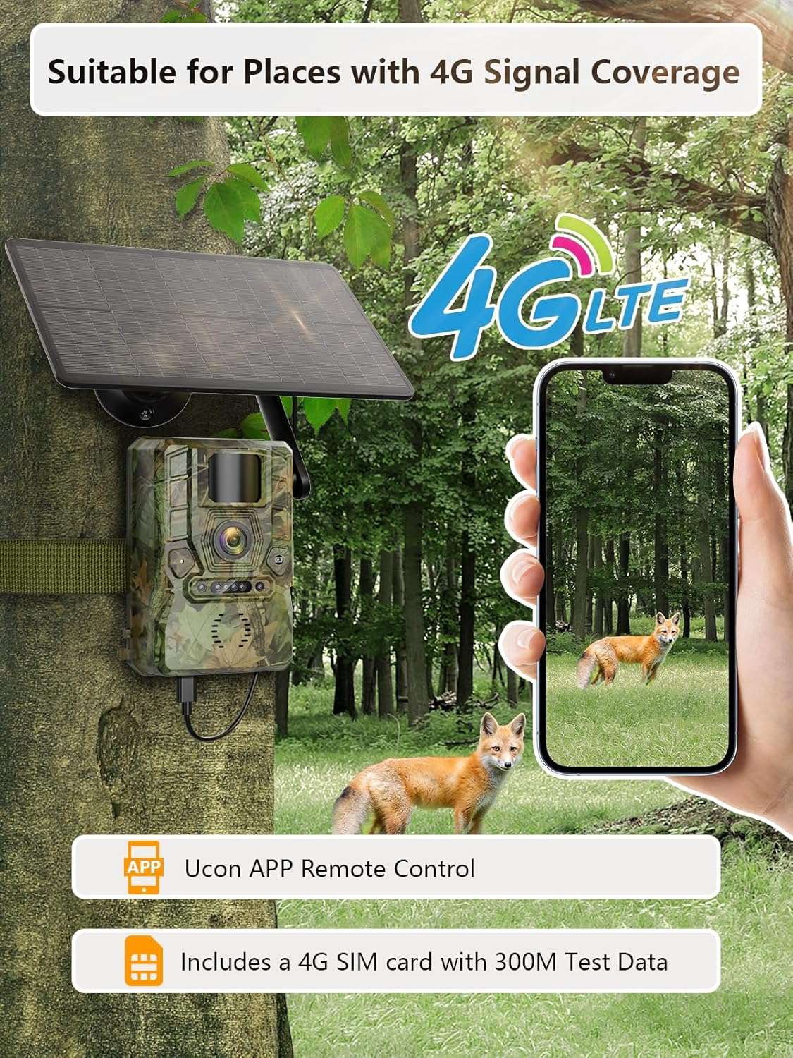 NÖRDIC 4G riistakamera 4W aurinkopaneelilla, 3MP FHD, naamiointi, LTE 4G SIM-kortilla ja IP66-vesisuojauksella