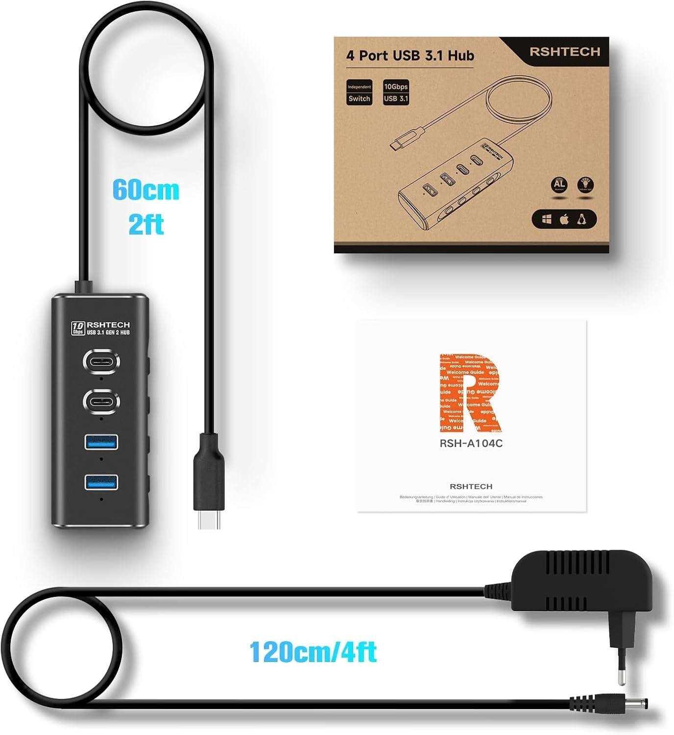 NÖRDIC 4-port Powered USB-C Hub 10Gbps with 2 USB-A & 2 USB-C Data Ports