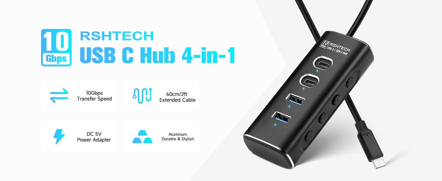 NÖRDIC 4-port Powered USB-C Hub 10Gbps with 2 USB-A & 2 USB-C Data Ports