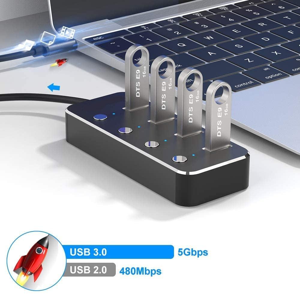 NÖRDIC 4-porttinen keskitin USB-C 3.0 5Gbps yksittäisellä kytkimellä 25cm kaapeli musta alumiini