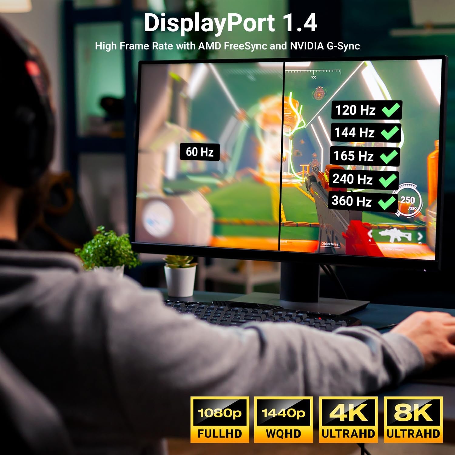 NÖRDIC 50 cm Displayport–Displayport -kaapeli ver 1.4, UHD 8K 60 Hz:llä, 32,4 Gb/s, 10-bittinen HDR, kaksoissuojattu, puhdasta kuparia 99,99 %
