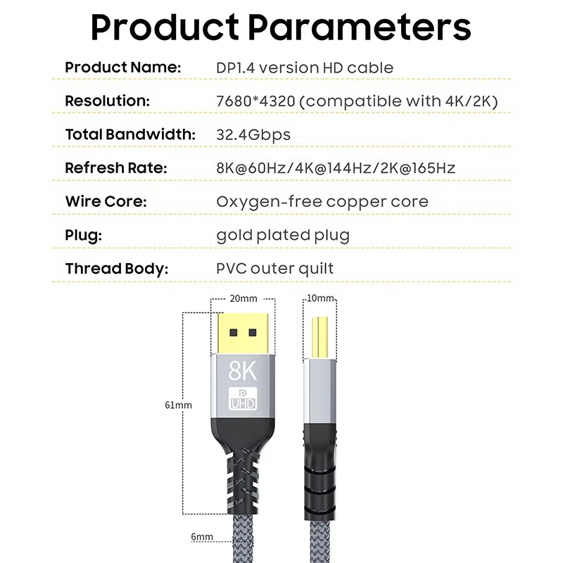 NÖRDIC 50 cm Displayport–Displayport -kaapeli ver 1.4, UHD 8K 60 Hz:llä, 32,4 Gb/s, 10-bittinen HDR, kaksoissuojattu, puhdasta kuparia 99,99 %
