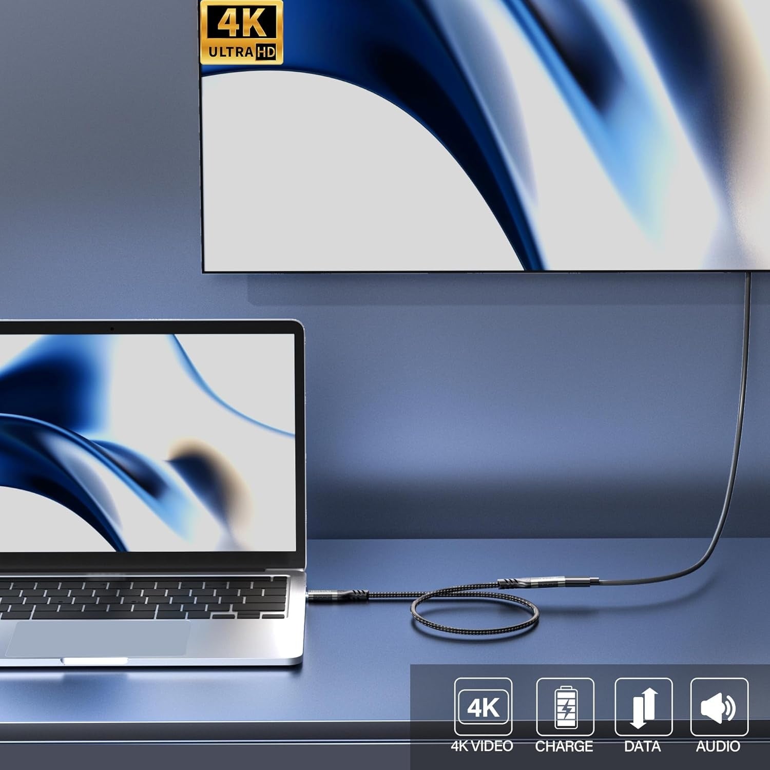 NÖRDIC 50 cm USB3.2 Gen2 20Gbps USB-C–C nylonpunottu jatkokaapeli, Power Delivery 240W 4K60Hz