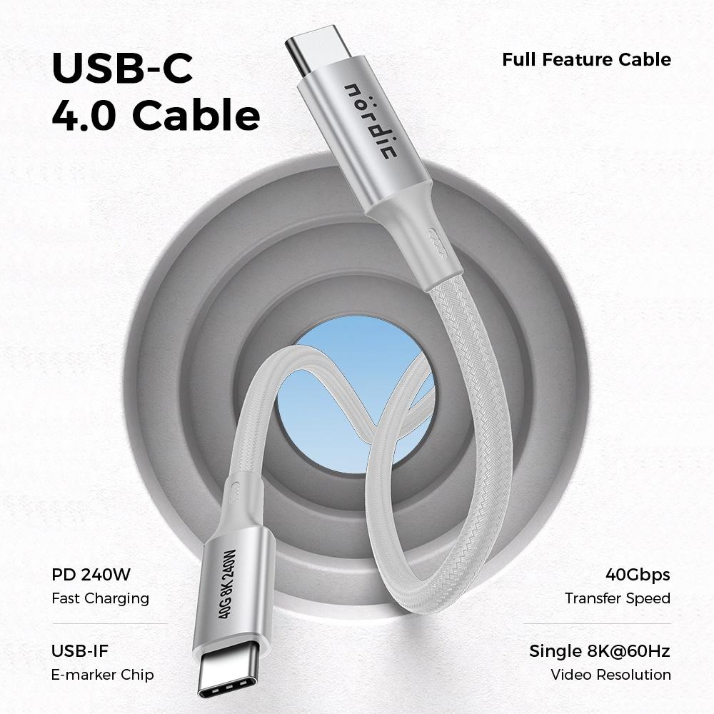 NÖRDIC 25 cm USB4 USB-C - C nylon punottu kaapeli PD3.1 240 W pikalatauksella 40G 8K60Hz 4K120Hz 5K60Hz 2x4K60Hz Emarker