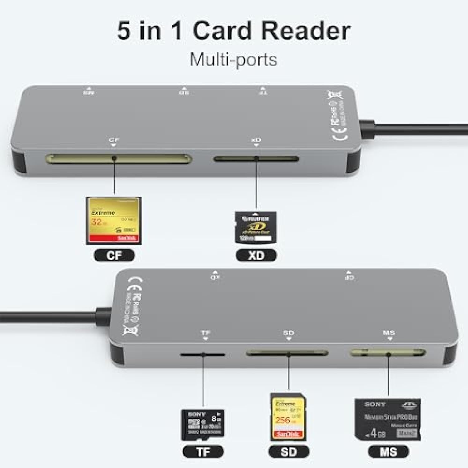 NÖRDIC 5 in 1 -kortinlukija USB-A USB-C Lightning - SD TF CF XD MS 2TB UHS-I