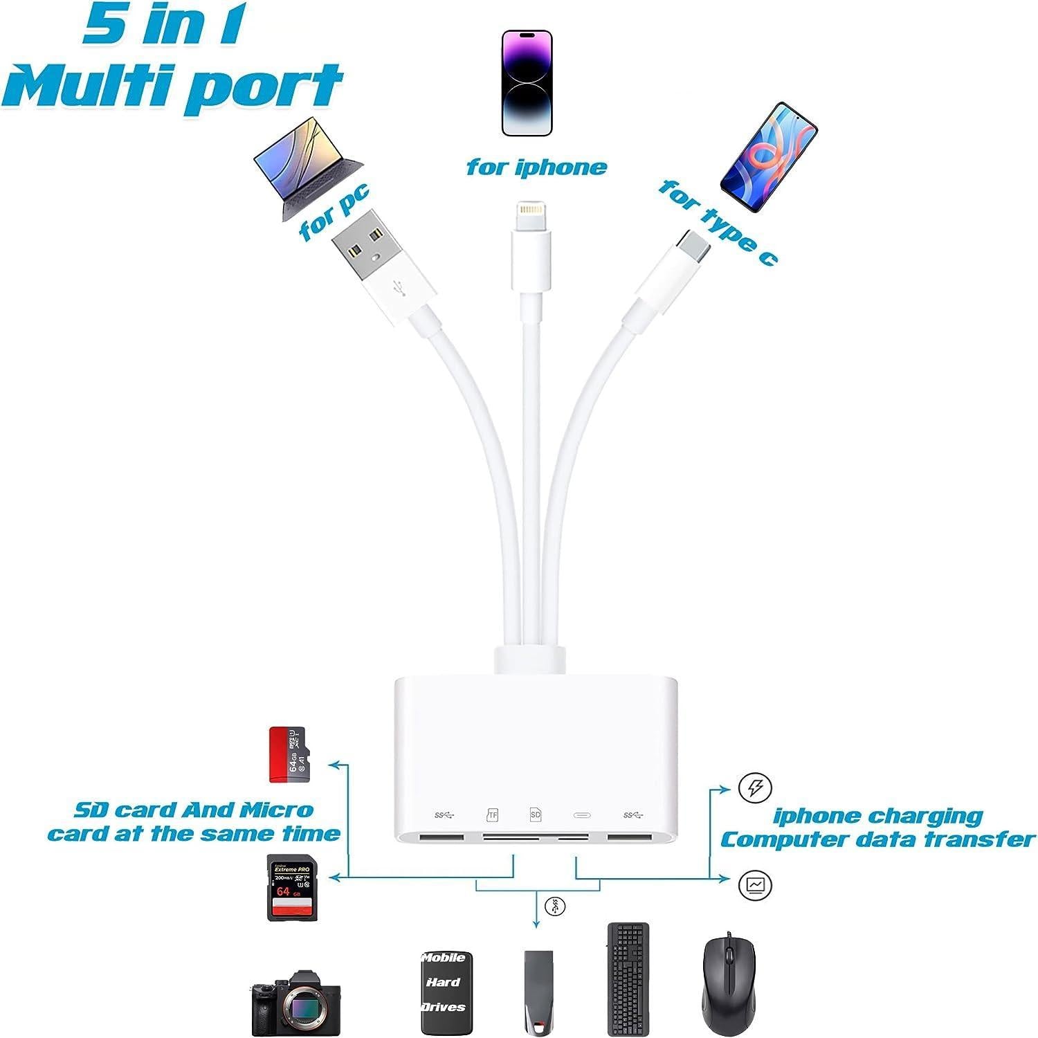 NÖRDIC 5in1-kortinlukija USB-A USB-C Lightning SD/MMC ja MicroSD/TF 2TB UHS-I