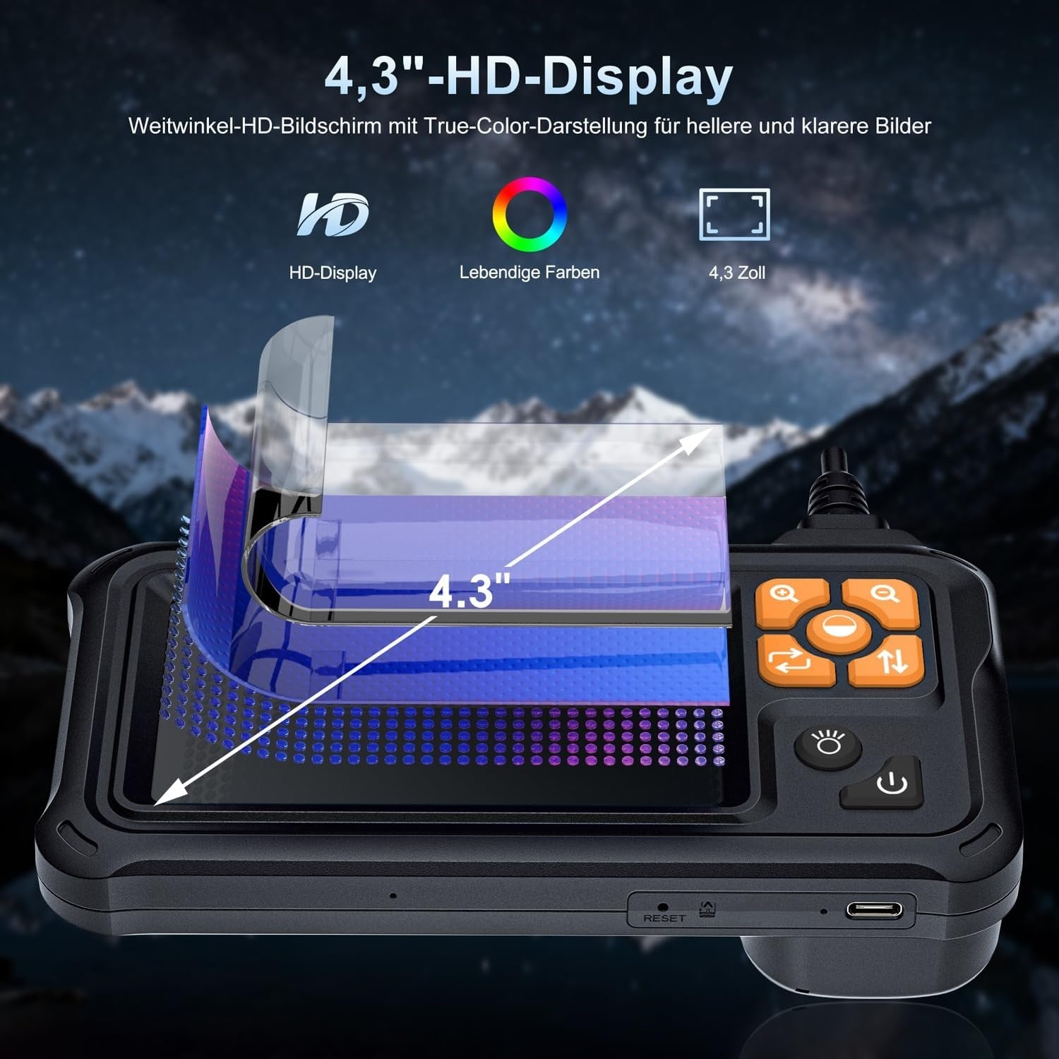 NÖRDIC 5 m 1920x1080p HD-endoskooppikamera kaksoislinssillä, 4,3" IPS-näytöllä, IP67-vesitiivis tarkastuskamera 8 LED-valolla, puolijäykkä kaapeli, Plug & Play