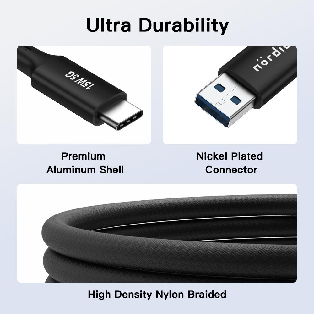 NÖRDIC 5m USB3.2 Gen1 USB-C nylon punottu kaapeli pikalataus 3A 5Gbps Virtalähde PD 60W musta