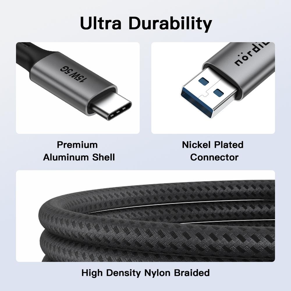 NÖRDIC 5m USB3.2 Gen1 USB-C nylon punottu kaapeli pikalataus 3A 5Gbps Power Delivery PD 60W harmaa