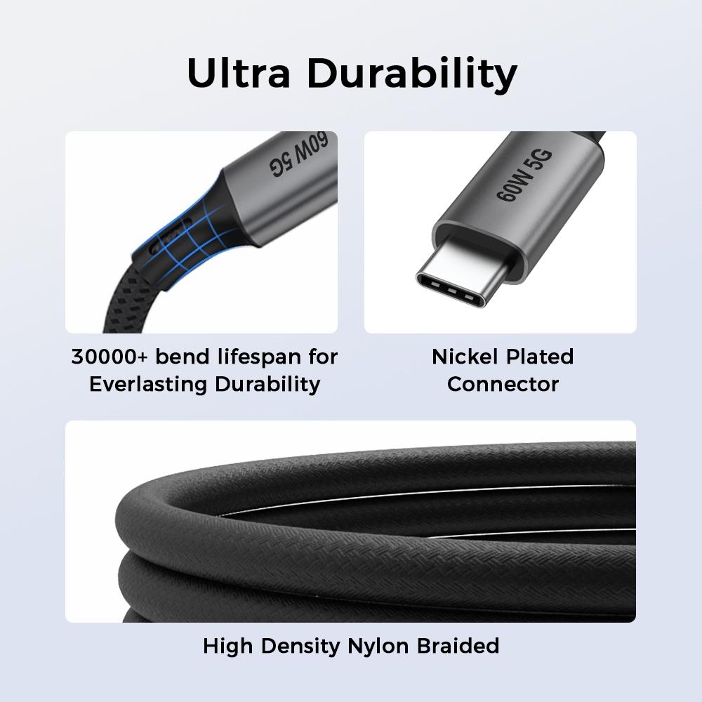 NÖRDIC 5m USB3.2 Gen1 USB-C-C nylon punottu kaapeli pikalataus 3A 5Gbps Virtalähde PD 60W