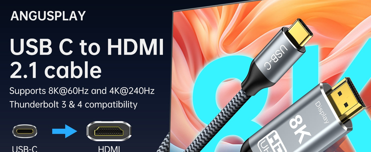 NÖRDIC 5m USB-C–HDMI 2.1 -kaapeli 8K30Hz 4K120Hz 48Gbps HDR yhteensopiva Thunderbolt 3:n ja 4:n kanssa