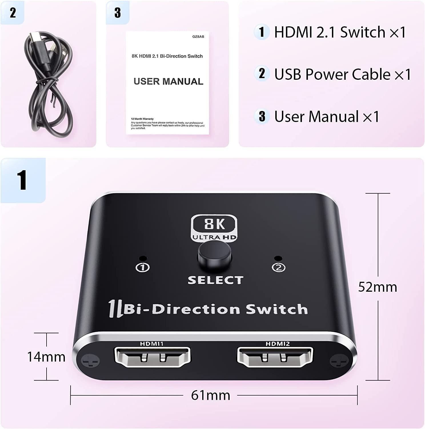 NÖRDIC 8K60Hz HDMI-kytkin 2-1 ja jakaja 1-2 4K120Hz 48Gbps