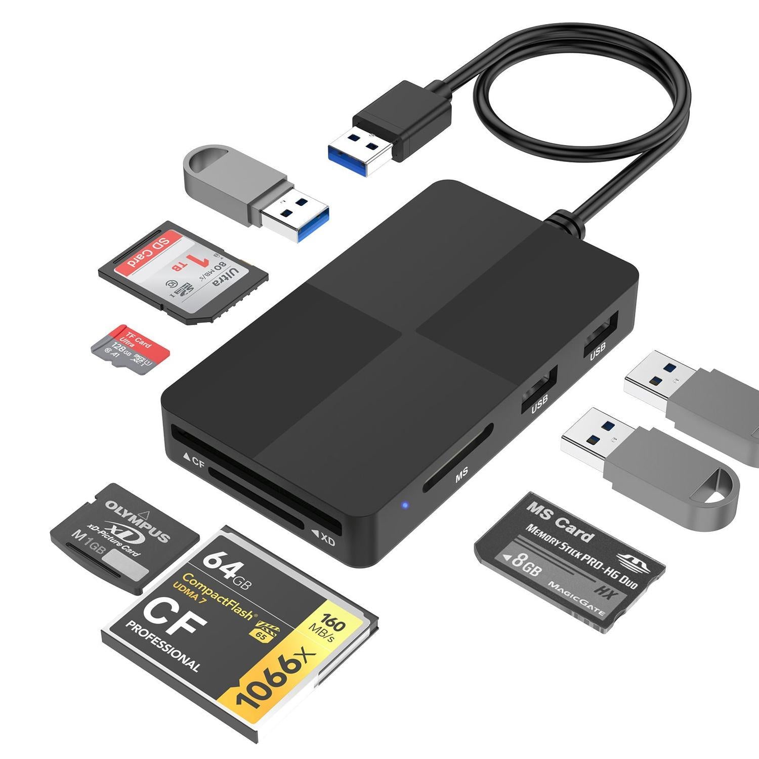 NÖRDIC 8 in 1 USB-A-kortinlukija CF/SD/XD/TF/MS ja 3xUSB-A 5Gbps UHS-I 2TB