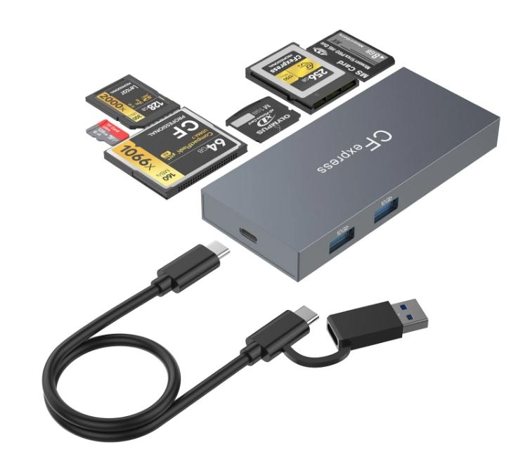 NÖRDIC 8 in 1 -kortinlukija USB-C/USB-A CF Express B, CF/SD/XD/TF/MS UHS-1 2TB + 2xUSB-A 10Gbps