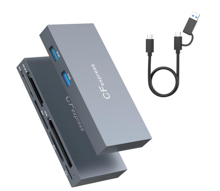 NÖRDIC USB-A 3.0, USB-C-kortinlukija 6 paikka CFExpress B, CF, SD, MicroSD, MS, XD, 2xUSB-A UHS-I