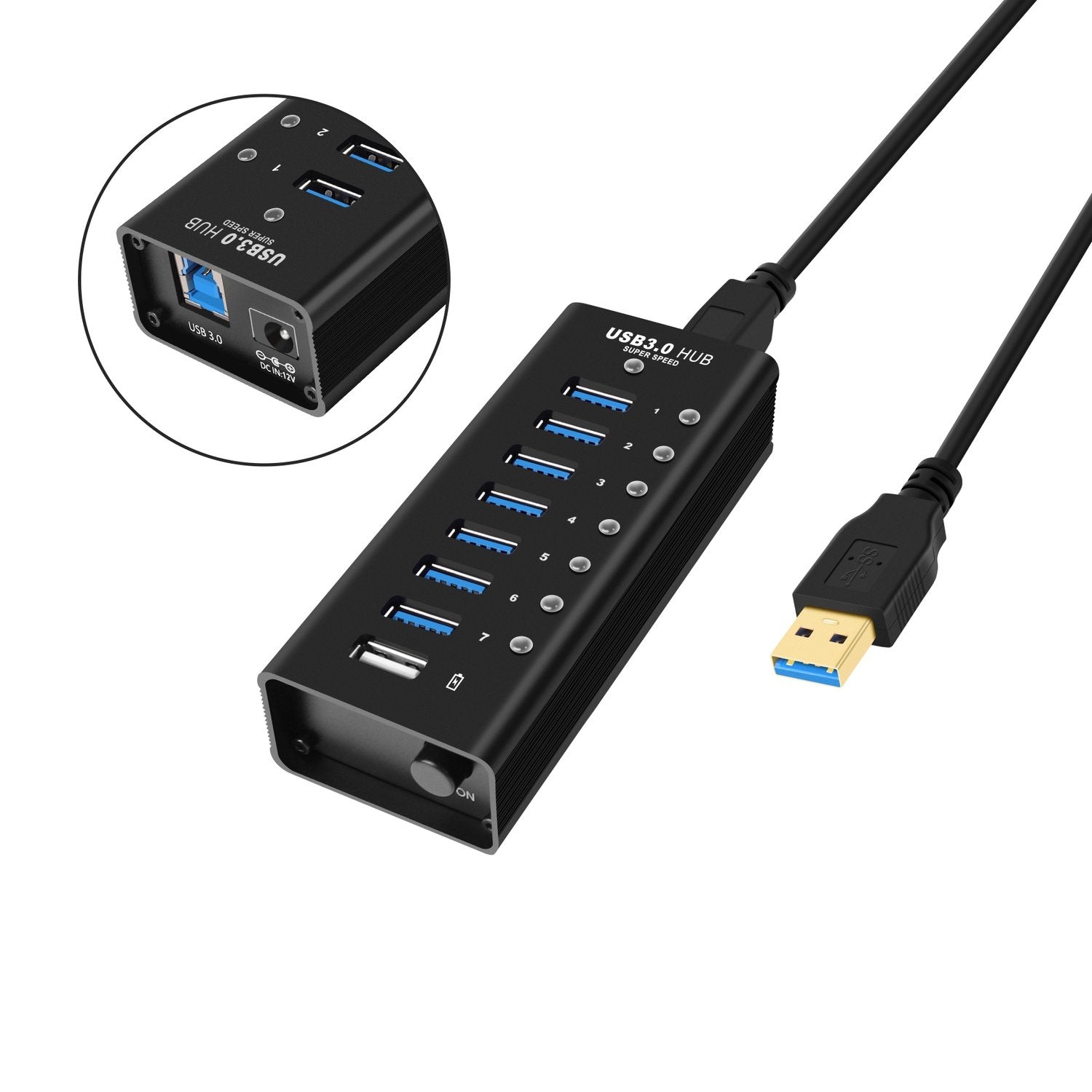 NÖRDIC 8-porttinen virtakeskitin USB-A 3.0 5Gbps kytkimellä 1.2m kaapeli alumiinimusta virtalähteellä