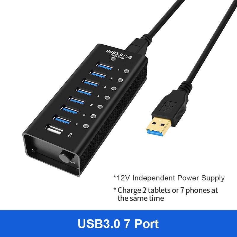 NÖRDIC 8-porttinen virtakeskitin USB-A 3.0 5Gbps kytkimellä 1.2m kaapeli alumiinimusta virtalähteellä