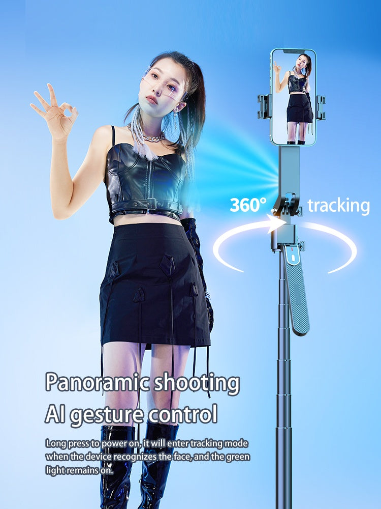 NÖRDIC AI Auto Face Tracking Selfie Stick – 360° kierto + 270° kallistus, 4-in-1 puhelinjalusta, 180 cm alumiiniseosjalusta neljällä jalalla
