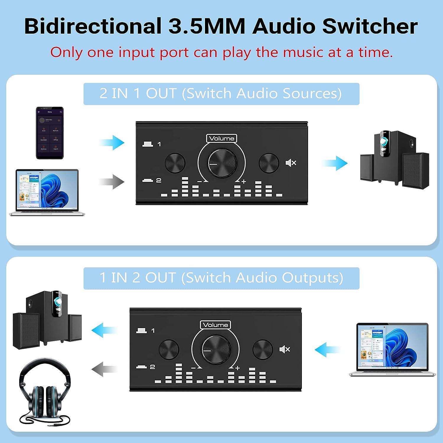 NÖRDIC kaksisuuntainen 3,5 mm jack-audiokytkin 2 in 1 out / 1 in 2 out analoginen hiljainen stereoäänikytkin äänenvoimakkuuden säätimellä