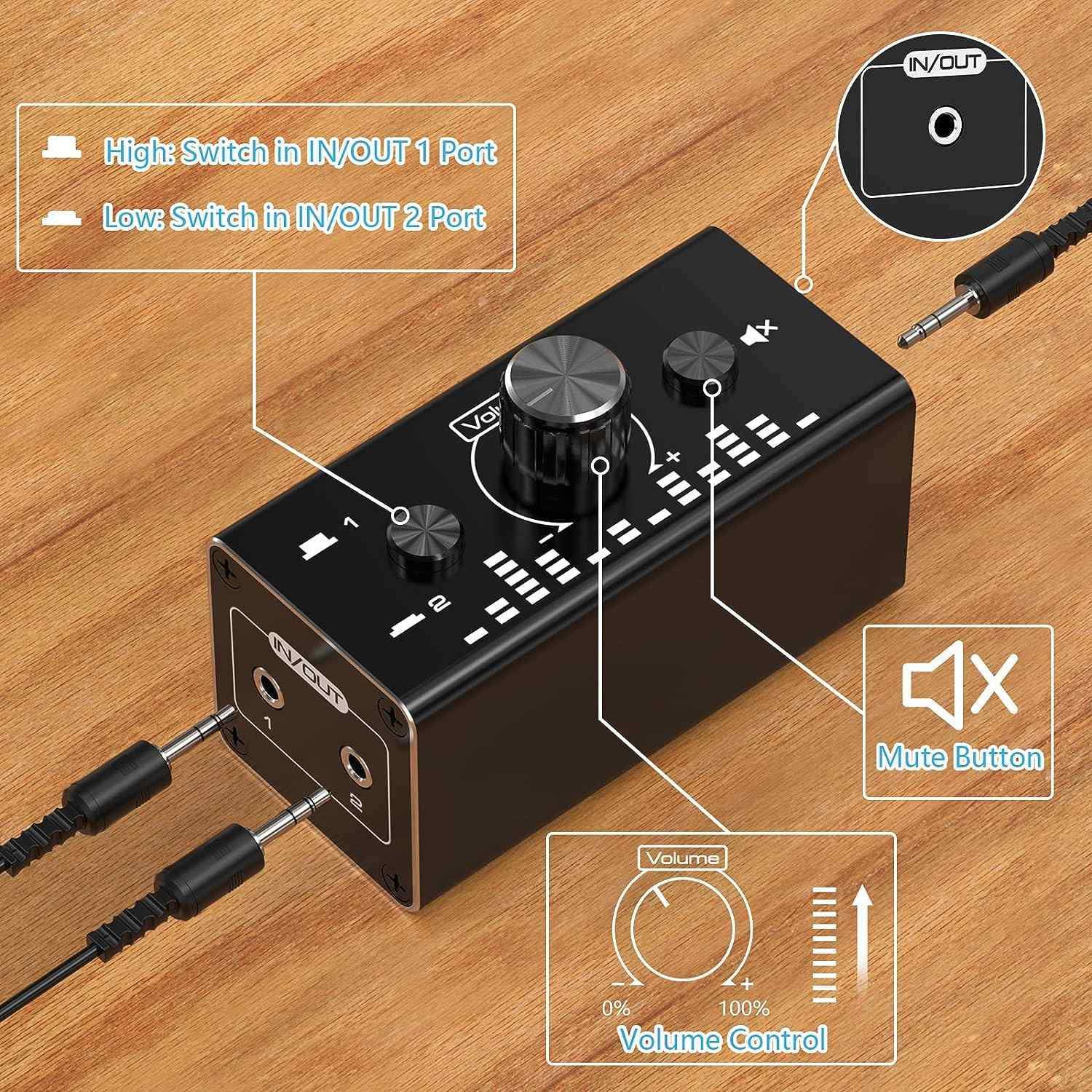 NÖRDIC kaksisuuntainen 3,5 mm jack-audiokytkin 2 in 1 out / 1 in 2 out analoginen hiljainen stereoäänikytkin äänenvoimakkuuden säätimellä