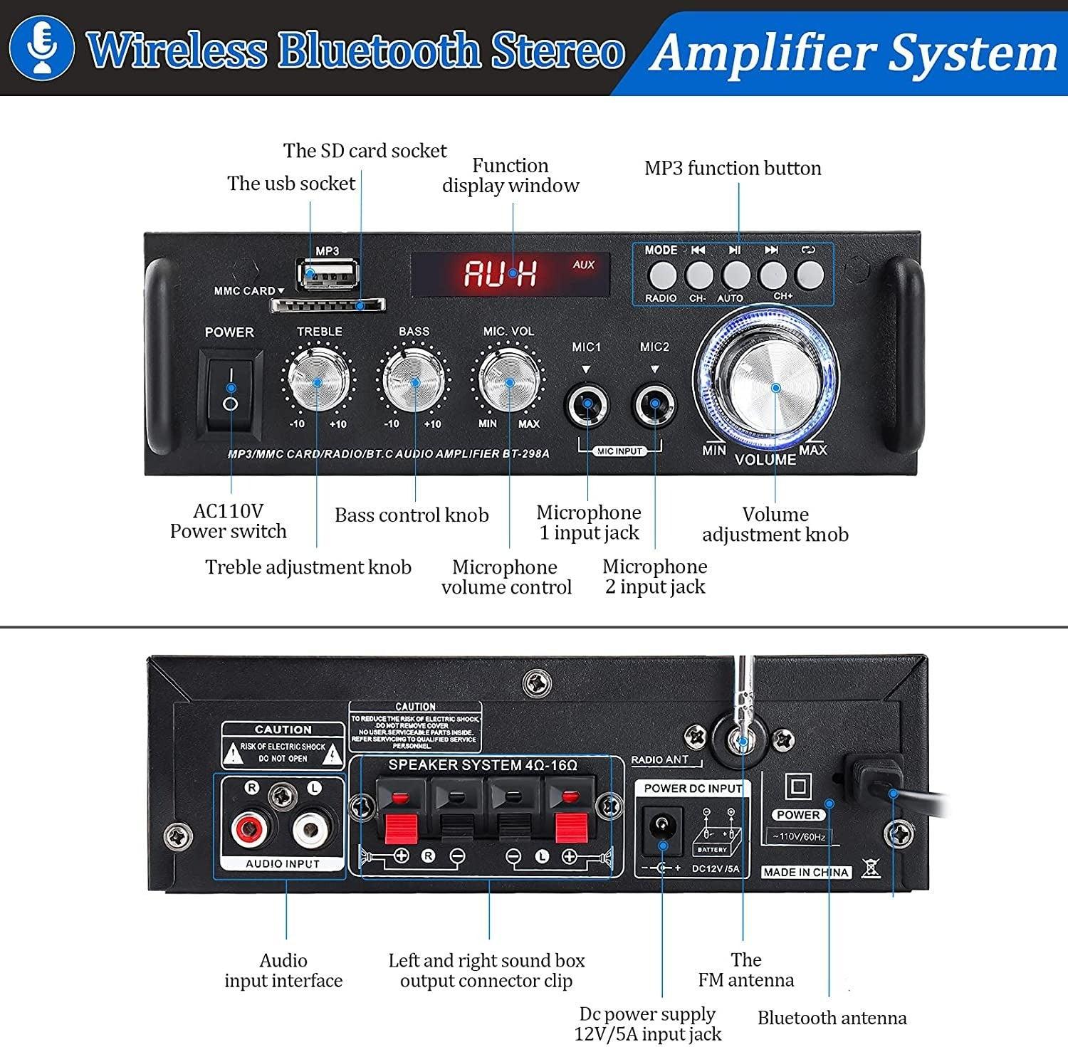 NÖRDIC Bluetooth 5.0 Stereovahvistin 2x40W AUX / USB / BT Audiovahvistin FM 2xMIC-tulolla