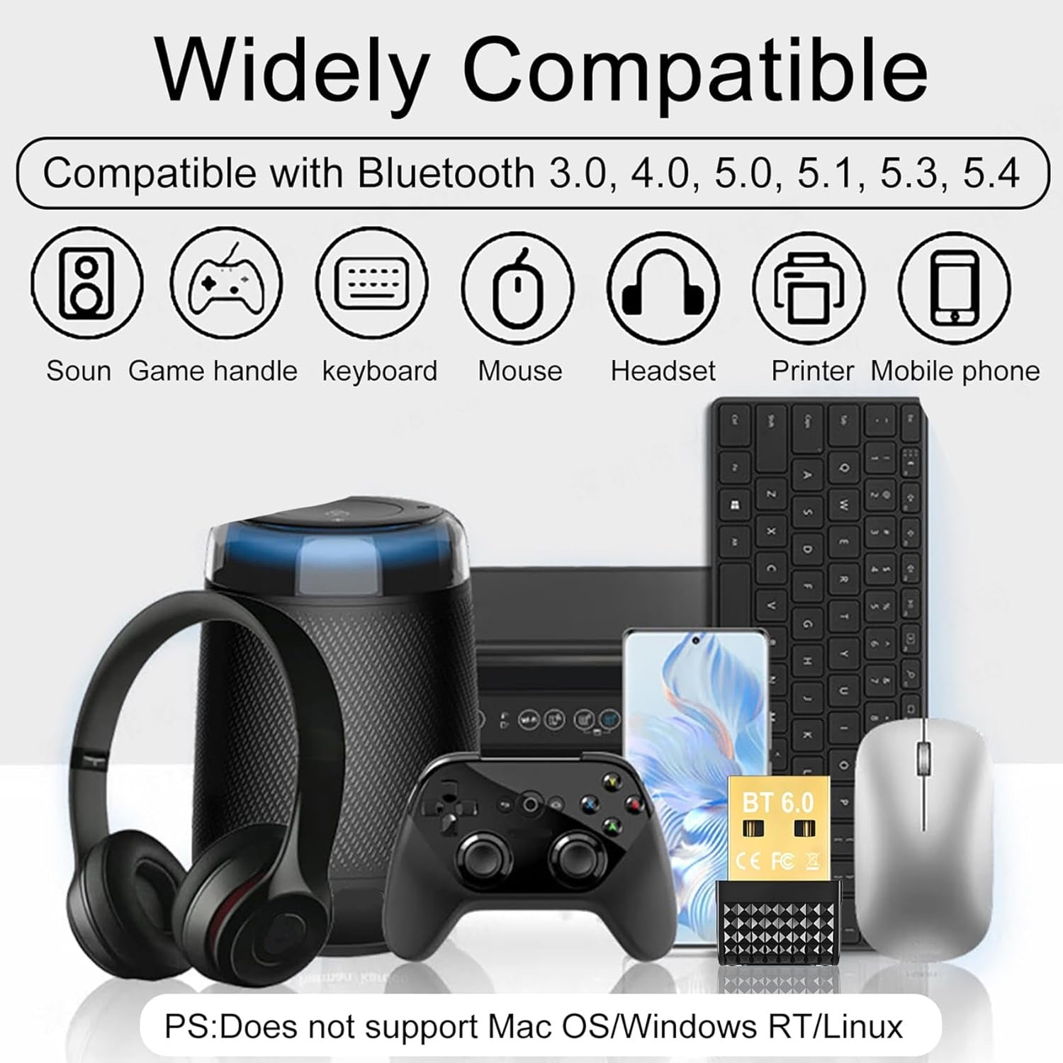 NÖRDIC Bluetooth 6.0 langaton Bluetooth-dongle/vastaanotin, Plug and Play, Windows 11/10/8.1, ohjaimille, kuulokkeille, näppäimistölle, hiirelle