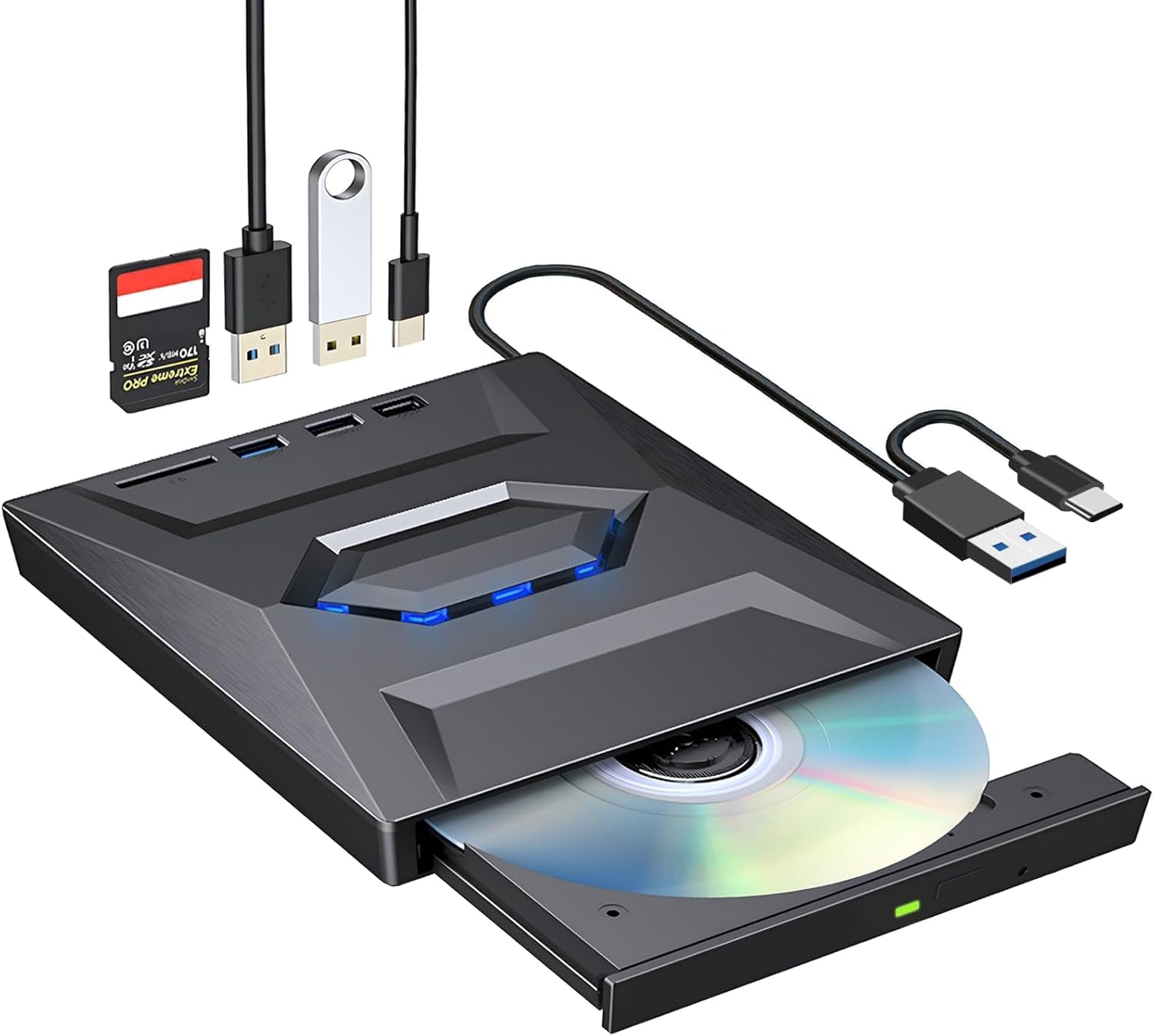 NÖRDIC Kannettava CD Poltin ja soitin sekä USB-hubi SD-kortinlukijalla 2xUSB-A 1xUSB-C