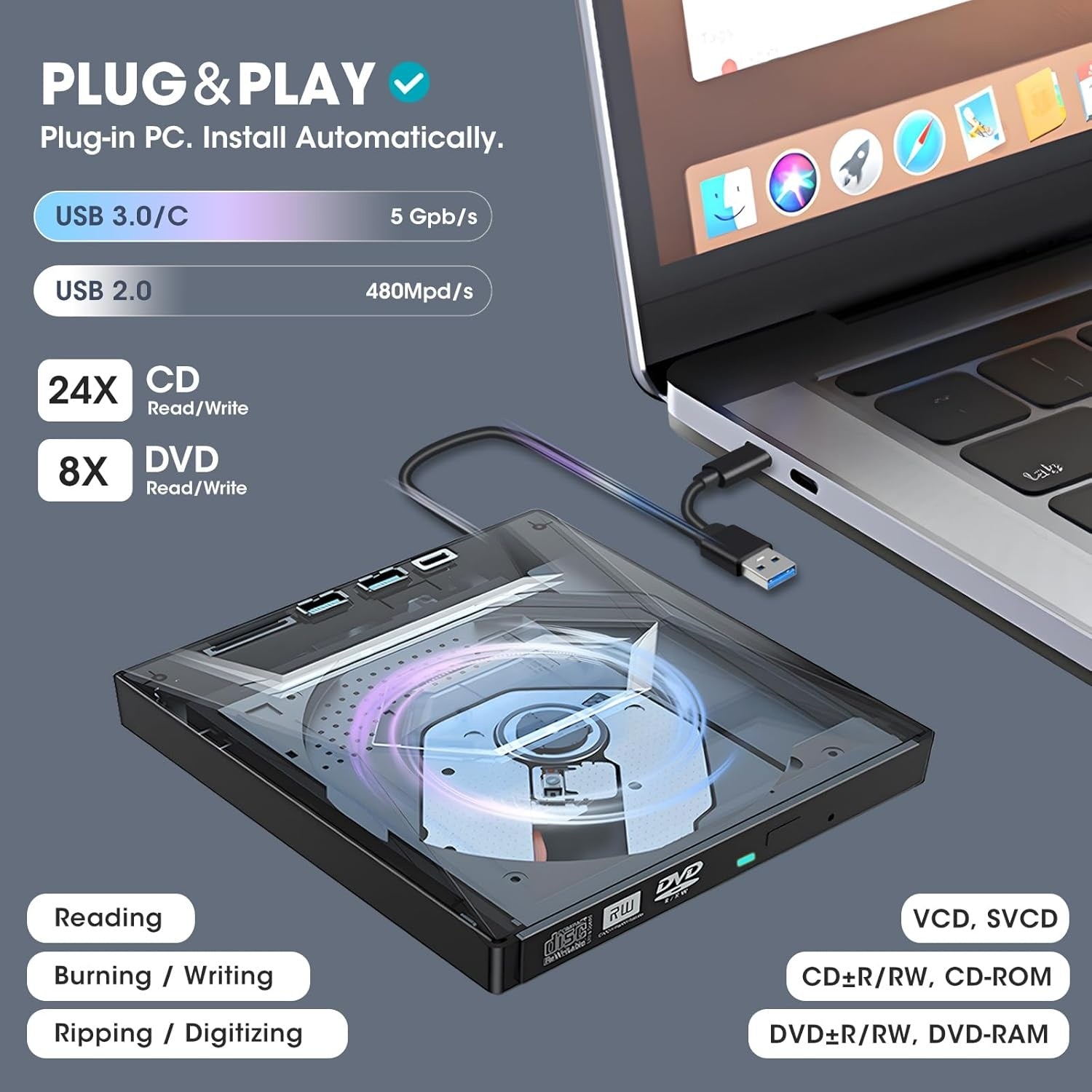 NÖRDIC Kannettava CD Poltin ja soitin sekä USB-hubi SD-kortinlukijalla 2xUSB-A 1xUSB-C