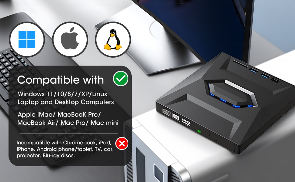 NÖRDIC Kannettava CD Poltin ja soitin sekä USB-hubi SD-kortinlukijalla 2xUSB-A 1xUSB-C