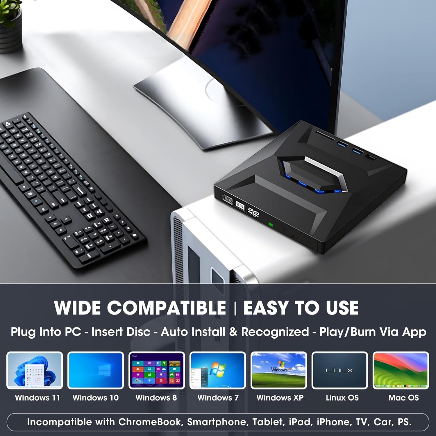NÖRDIC Kannettava CD Poltin ja soitin sekä USB-hubi SD-kortinlukijalla 2xUSB-A 1xUSB-C