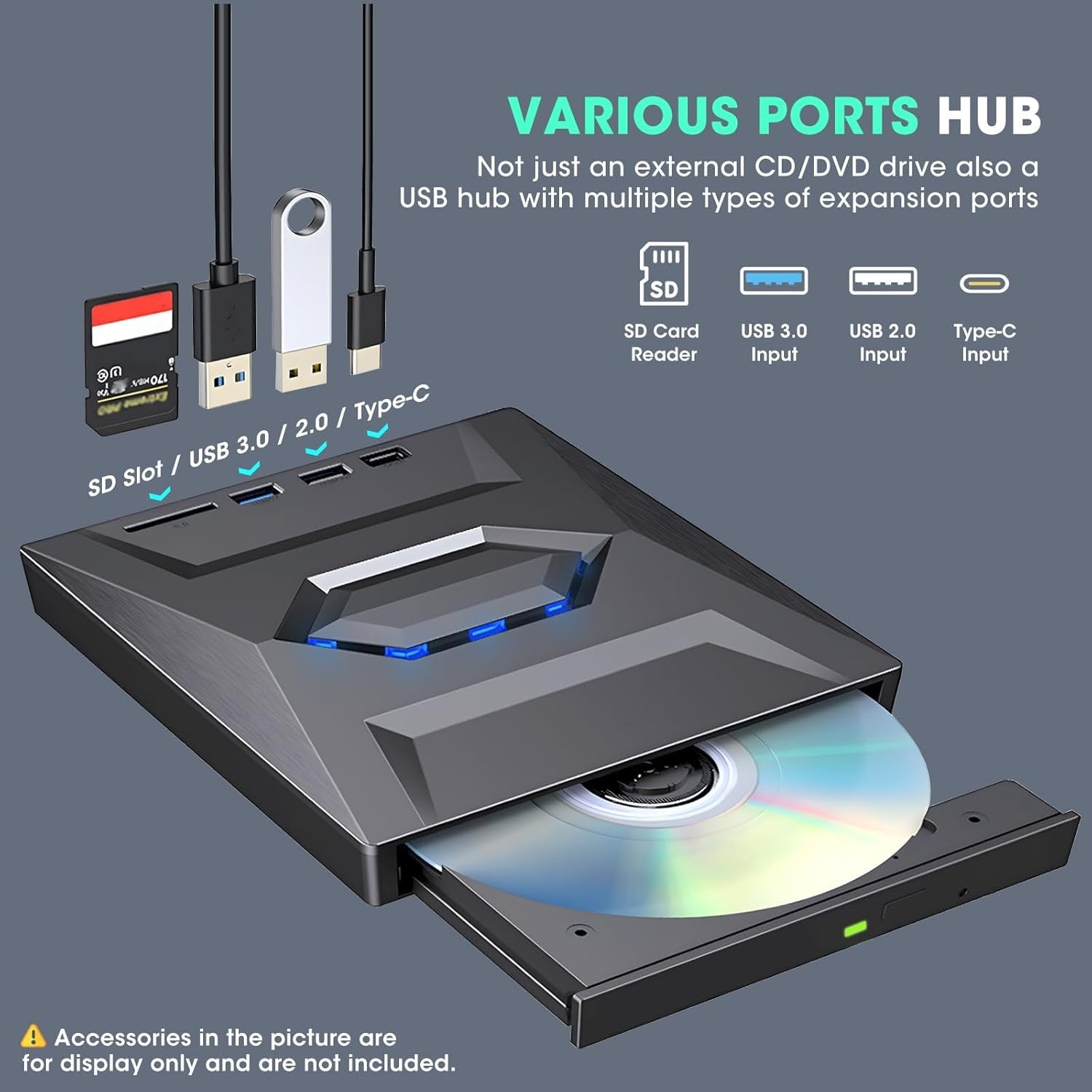 NÖRDIC Kannettava CD Poltin ja soitin sekä USB-hubi SD-kortinlukijalla 2xUSB-A 1xUSB-C