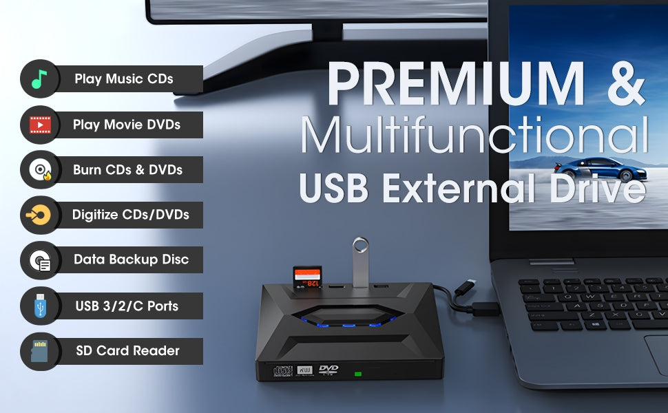 NÖRDIC Kannettava CD Poltin ja soitin sekä USB-hubi SD-kortinlukijalla 2xUSB-A 1xUSB-C