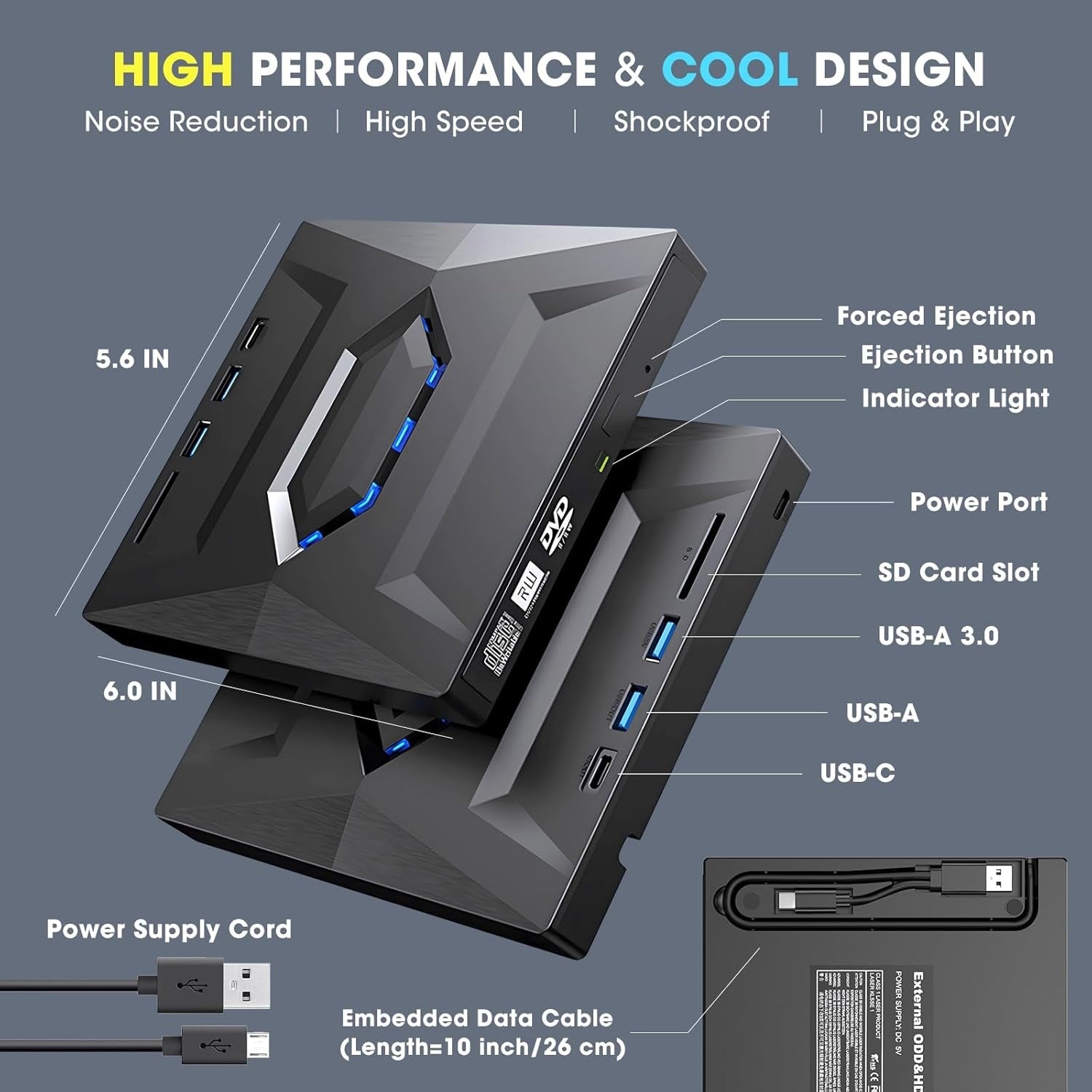 NÖRDIC Kannettava CD Poltin ja soitin sekä USB-hubi SD-kortinlukijalla 2xUSB-A 1xUSB-C