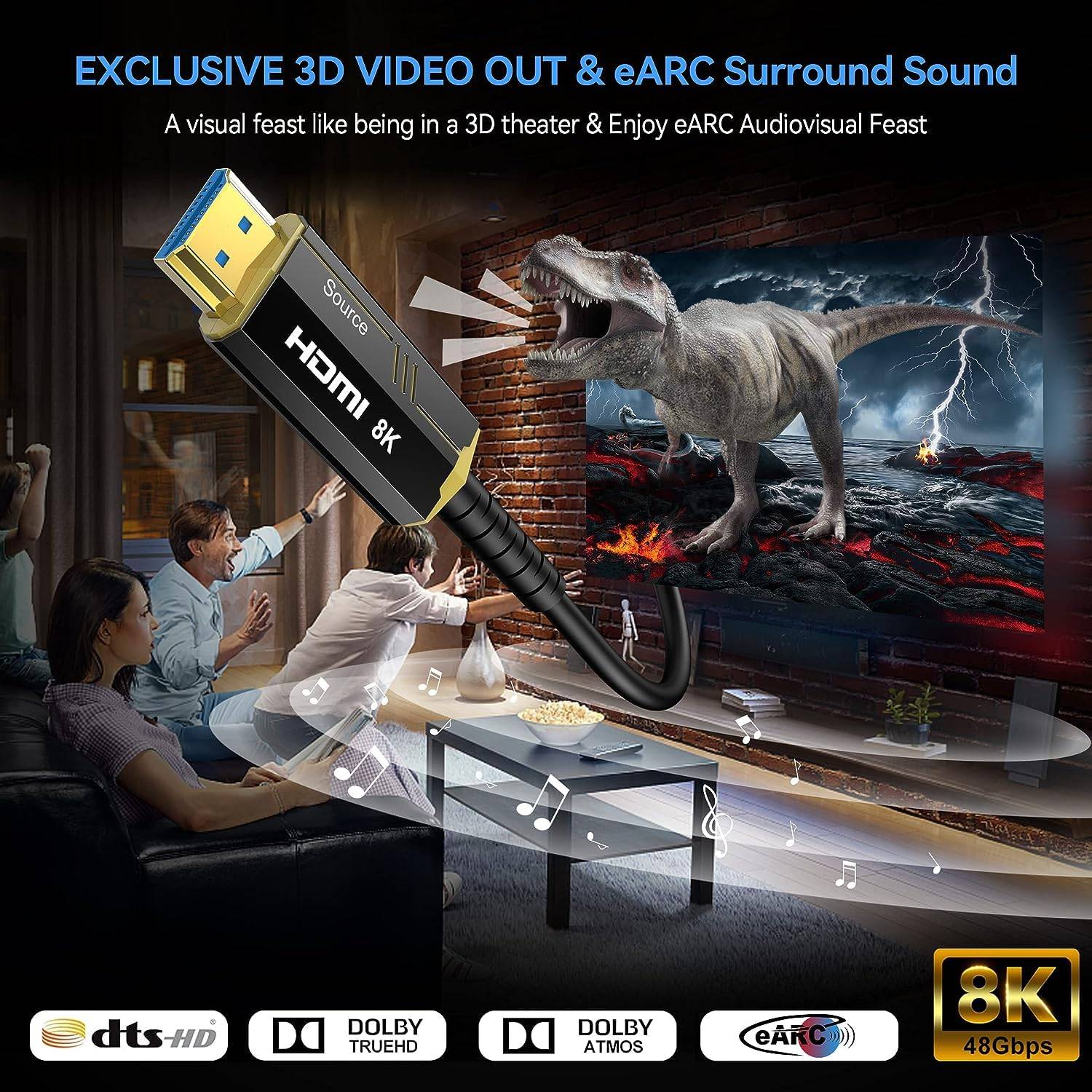 NÖRDIC CERTFIED 10m Ultra High Speed HDMI 2.1 aktiivinen AOC optinen kuitukaapeli 8K 60Hz 4K 120Hz 48Gbps Dynamic HDR, eARC, VRR yhteensopiva