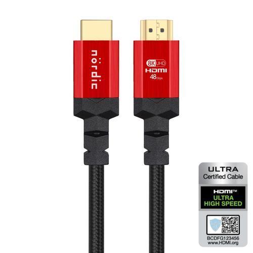 NÖRDIC CERTIFIED CABLES 1,5 m HDMI 2.1 Ultra High Speed 8K 60 Hz 4K 120 Hz 48 Gb/s Dyn. HDR eARC-pelitila VRR Dolby ATMOS, nailonpun., kullattu