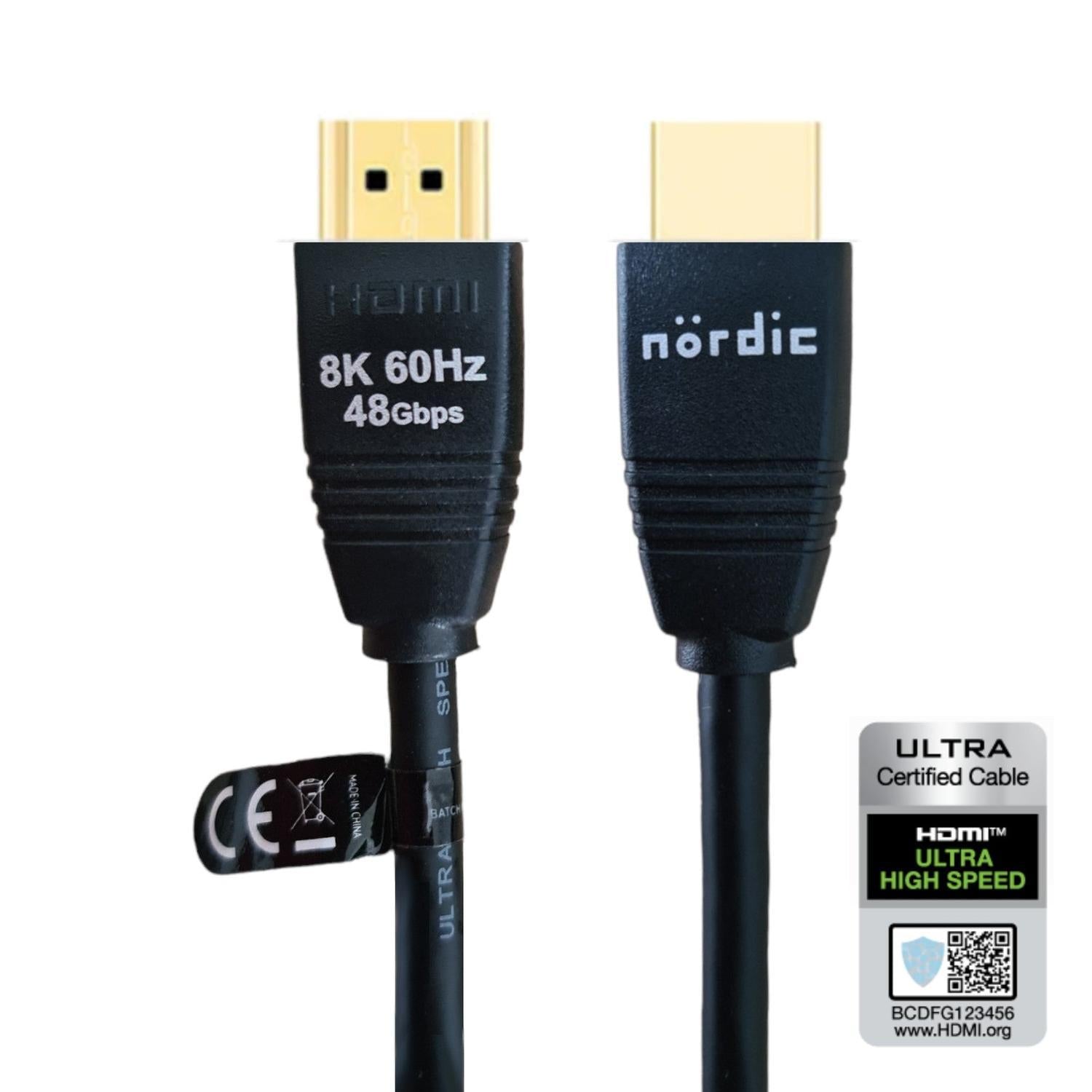 NÖRDIC CERTIFIED CABLES 1,5 m Ultra High Speed HDMI2.1 8K 60 Hz 4K 120 Hz 144 Hz 48 Gbps Dynaaminen HDR eARC Pelitila VRR Dolby ATMOS kullattu PVC