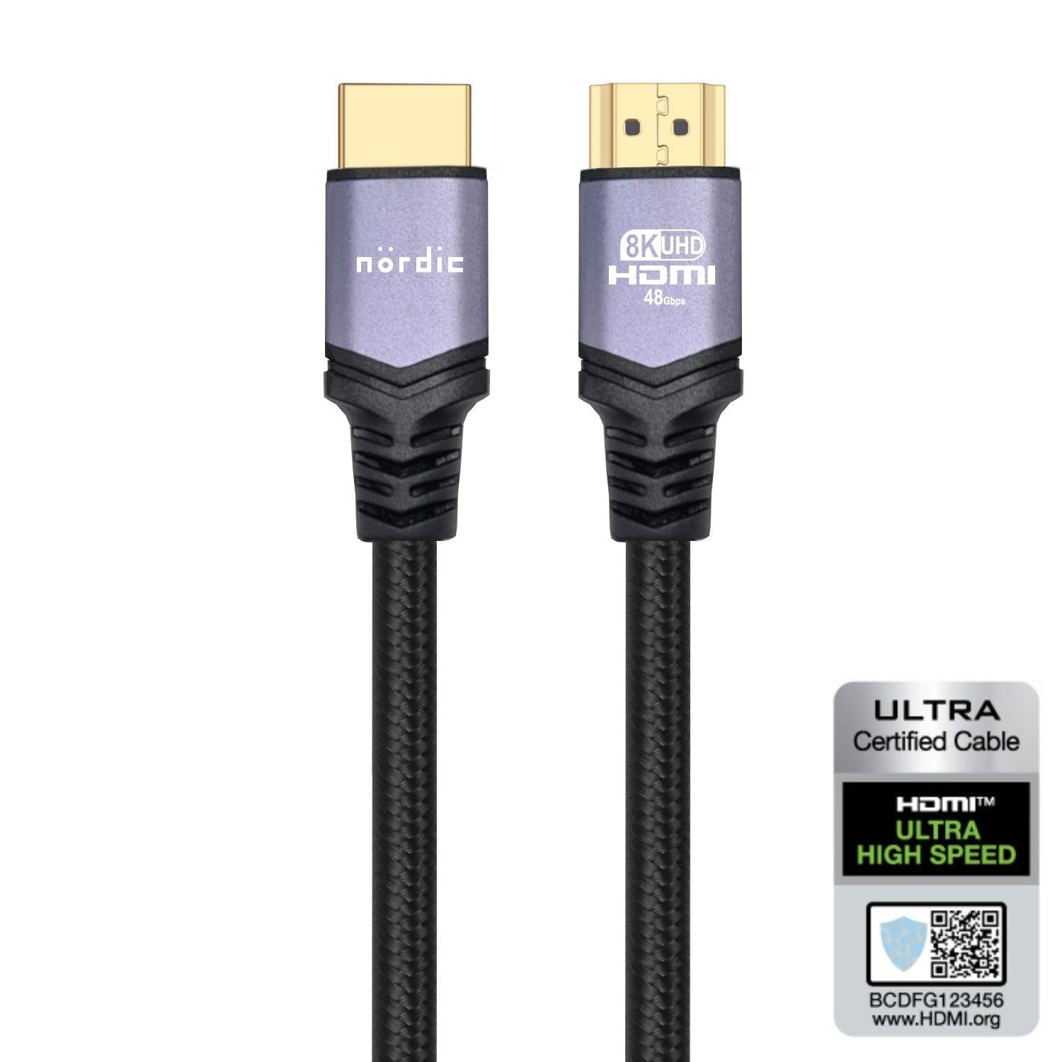 NÖRDIC CERTIFIED CABLES 1,5 m Ultra High Speed HDMI 2,1 8K60Hz 4K120Hz 48Gbps Dynaaminen HDR eARC Pelitila VRR Dolby ATMOS Nylon punottu kullattu