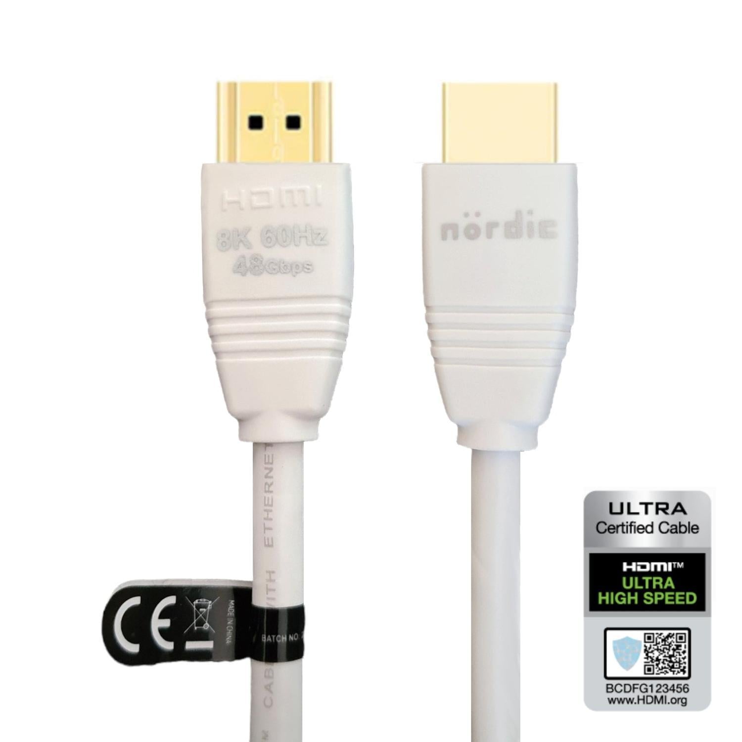 NÖRDIC CERTIFIED CABLES 1m Ultra High Speed HDMI2.1 8K 60Hz 4K 120Hz 144Hz 48Gbps Dynamic HDR eARC Game Mode VRR Dolby ATMOS kullattu PVC valkoinen