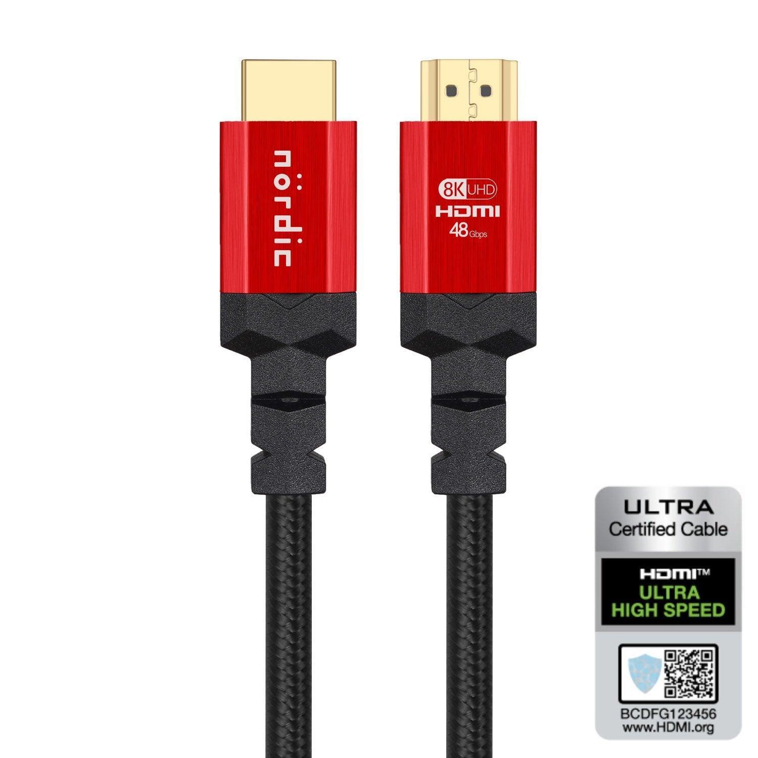 NÖRDIC CERTIFIED CABLES 2 m HDMI 2.1 Ultra High Speed, 8K 60 Hz, 4K 120 Hz 48Gb/s Dynamic HDR, eARC-pelitila, VRR Dolby ATMOS, nailonp., kullattu